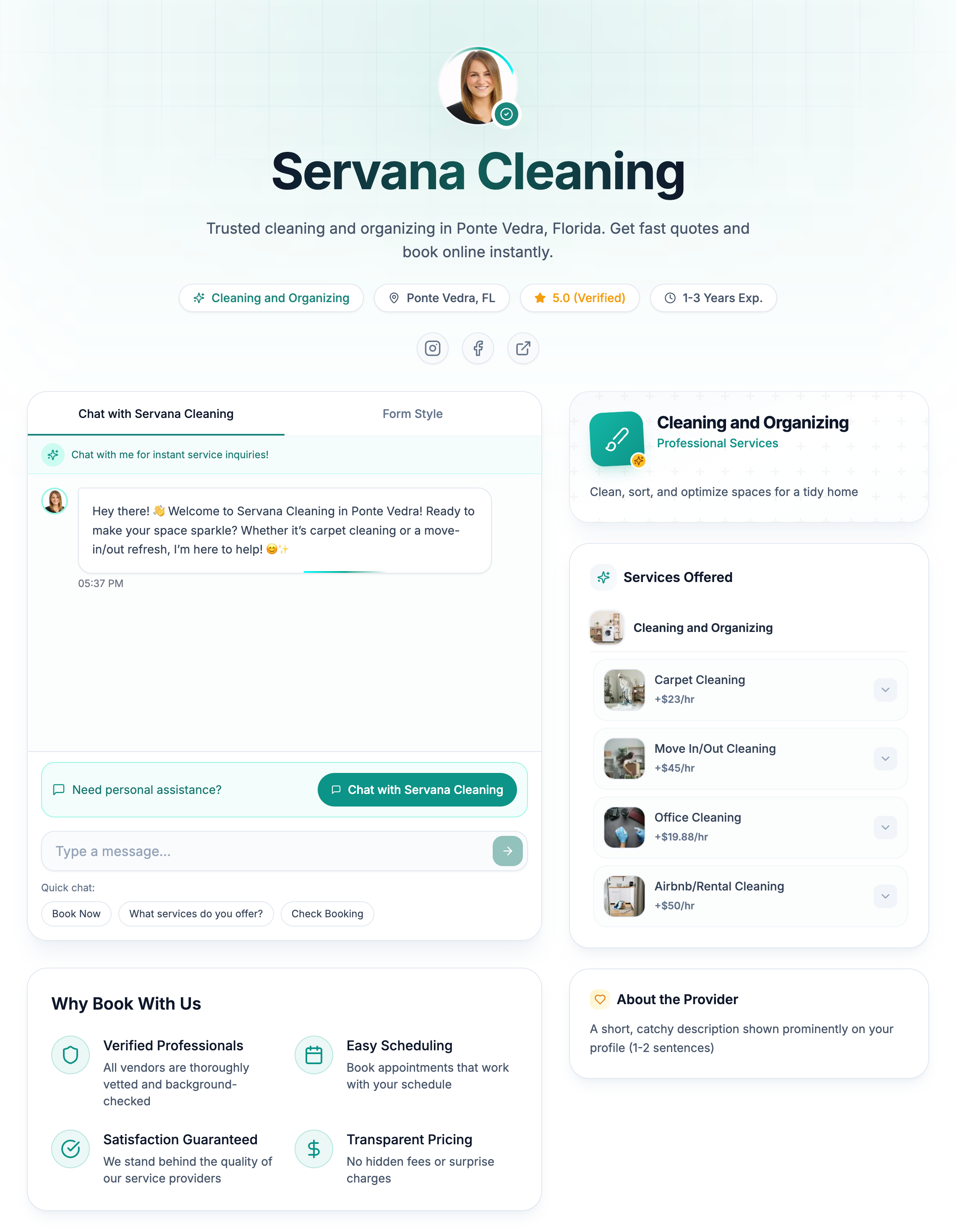 Screenshot of a Servana vendor booking page